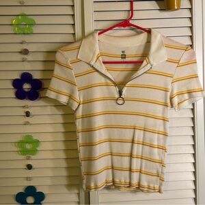 70s Style Quarter Zip Stripped Crew Neck Tee